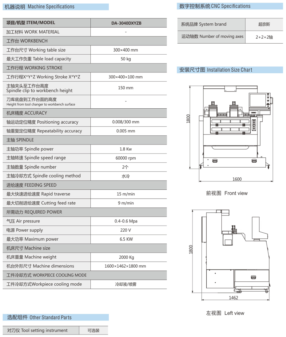 DA-3040DXYZB軸半罩精雕機(jī)參數(shù)